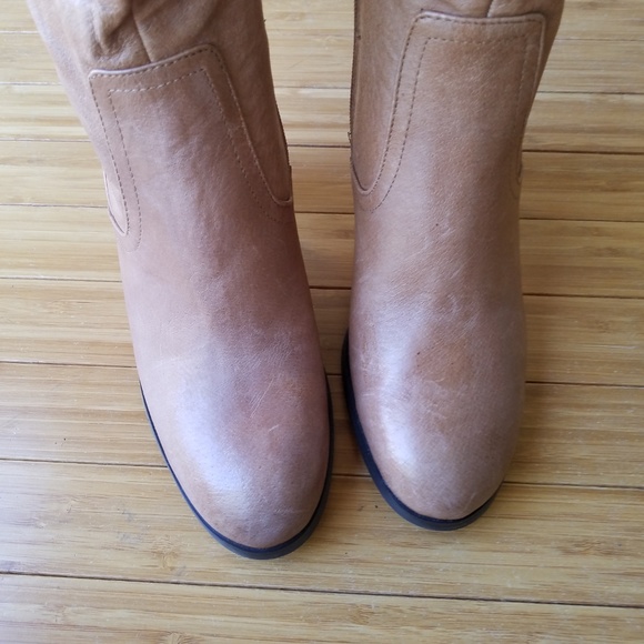 Guess Tan Ruched Leather Stacked Wood Heel Boots boho - Picture 5 of 8